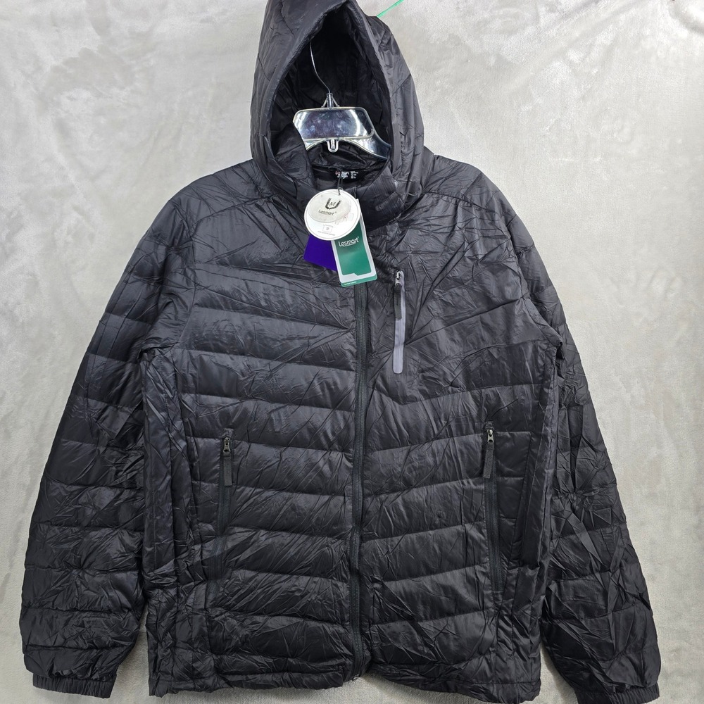 Lesmart Men's Large Down Hooded Puffer Jacket Packable‎ Lightweight  Black NEW